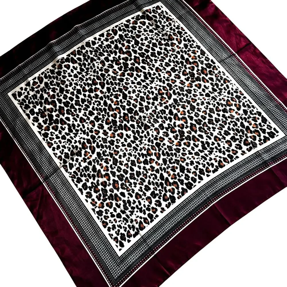 Silky feel scarf large square satin finish burgundy red & animal print center
